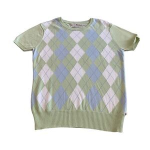 EUC Tommy Hilfiger Green and Blue Argyle Short Sleeve Sweater